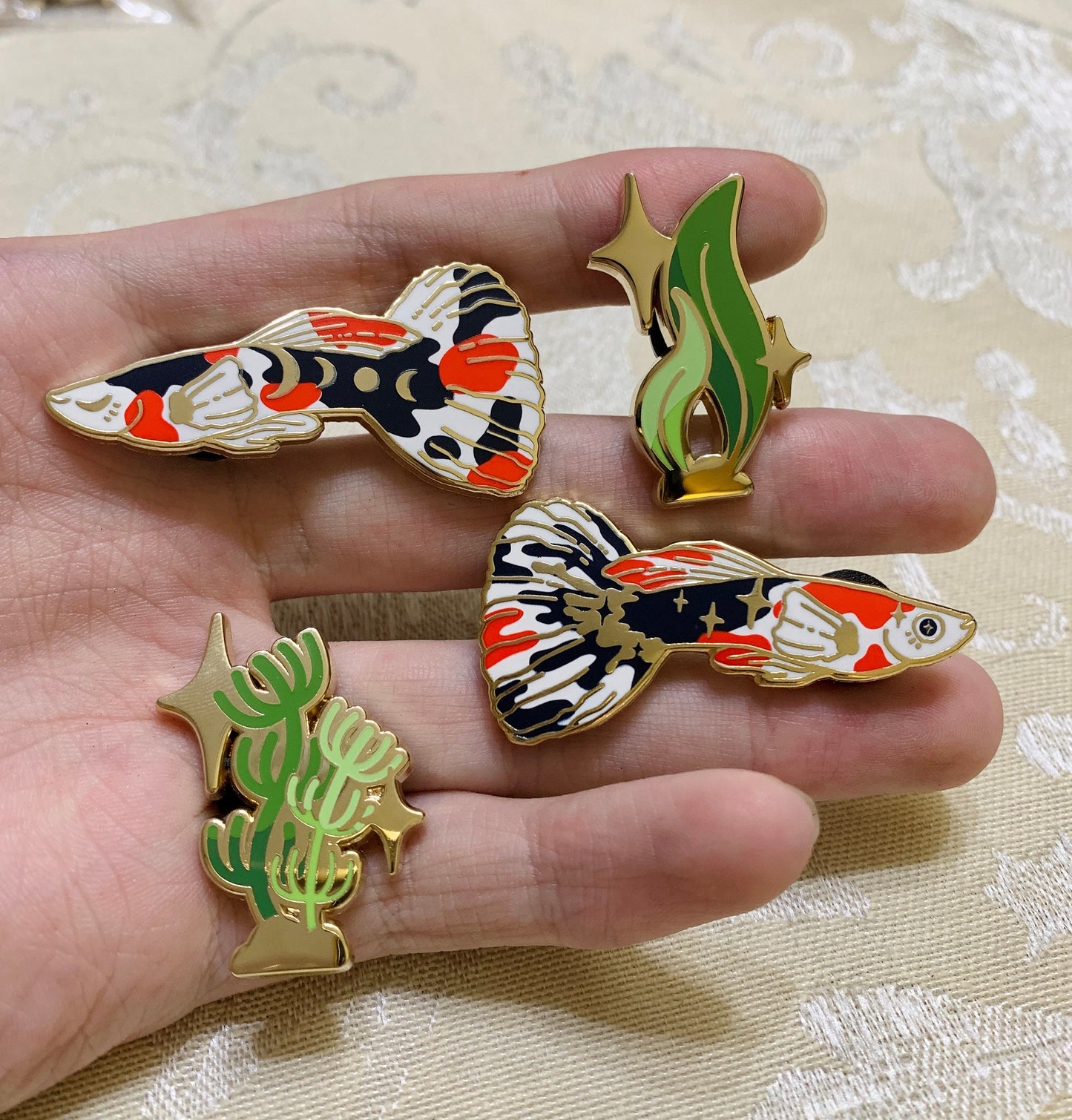Celestial Koi Guppy Enamel Pin Set | Celestial Koi Guppies and Sparkling Plants (4 pins)