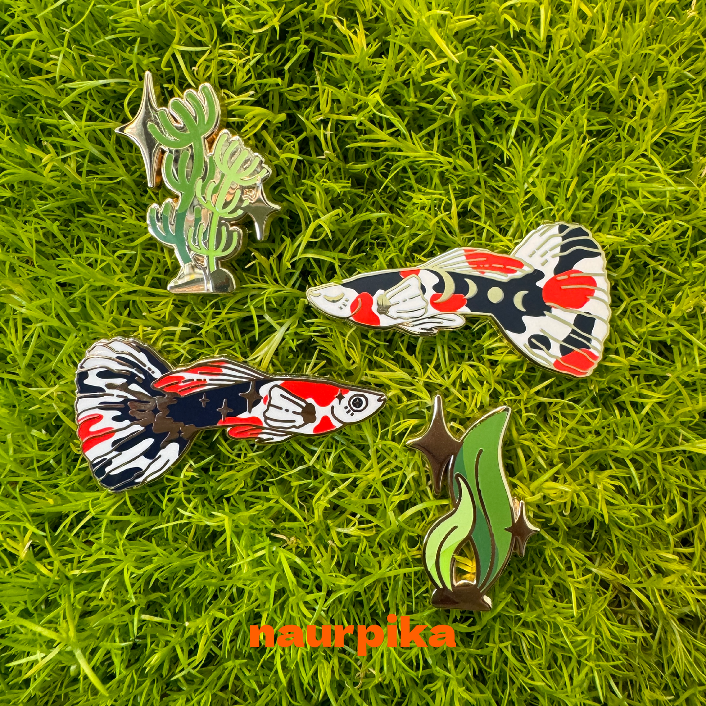 Celestial Koi Guppy Enamel Pin Set | Celestial Koi Guppies and Sparkling Plants (4 pins)