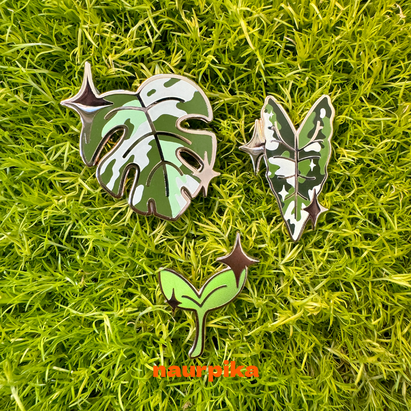 Plant Enamel Pin Set: Sparkling Monstera Albo, Sparkling Alocasia Frydek Variegated, Sparkling Sprout Pin (3 pins)